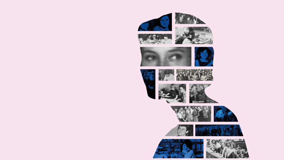 grafika ozdobna - kobieca głowa wypłeniona starymi zdjęciami