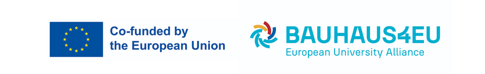 A graphic with two logos. On the left, the European Union flag with the text “Co-funded by the European Union.” On the right, the BAUHAUS4EU European University Alliance logo with a colorful circular symbol and the text “BAUHAUS4EU – European University Alliance.”