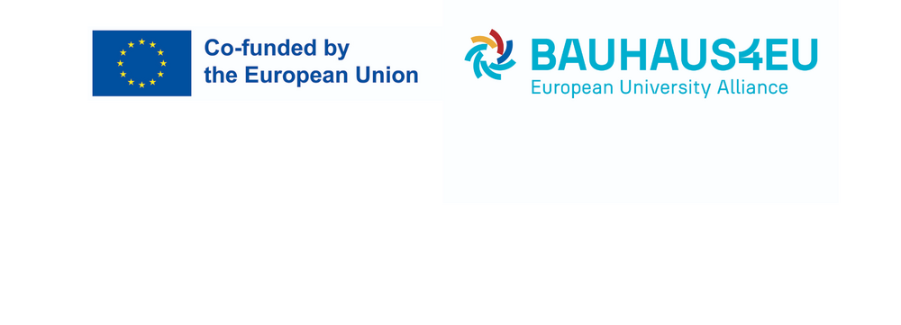 A graphic with two logos. On the left, the European Union flag with the text “Co-funded by the European Union.” On the right, the BAUHAUS4EU European University Alliance logo with a colorful circular symbol and the text “BAUHAUS4EU – European University Alliance.”