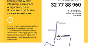 Obrazek przedstawia ulotkę informacyjną dotyczącą 77. edycji Tour de Pologne w Katowicach.