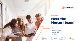 Group of students gathered in a hallway smiling at a tablet, used in a visual for the Mercuri program webinar.