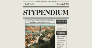 Grafika informacyjna o konkursie stypendialnym organizowanym przez Regional Studies Association. U góry znajduje się hasztag „#RSA26” oraz słowo „KONKURS”. Centralnie umieszczony jest duży napis „STYPENDIUM”. Poniżej, po lewej stronie, widnieje zdjęcie miasta z czerwonymi dachami i kościołem na pierwszym planie, a nad nim tekst: „Ogłaszamy konkurs na pokrycie kosztów udziału w konferencji #RSA26”. Po prawej stronie znajduje się ciemne pole z informacją „4 000 PLN” oraz opis, że stypendium obejmuje pokrycie opłaty konferencyjnej i dofinansowanie kosztów podróży i pobytu do 4000 zł. Pod spodem widnieją informacje o miejscu i dacie wydarzenia: „Goteborg, Szwecja”, „RSA Annual Conference, 15–18.06.2026”, a także tytuł konferencji: „Regions as Arenas in a Changing World”