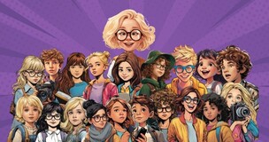 Ilustracja w stylu komiksowym przedstawiająca kilkanaście młodych, uśmiechniętych osób – chłopców i dziewczynki w różnorodnych ubraniach, z książkami, aparatami fotograficznymi i innymi akcesoriami. W centrum, na górze, postać blondynki w dużych okrągłych okularach. Całość na fioletowym tle z promienistym wzorem.