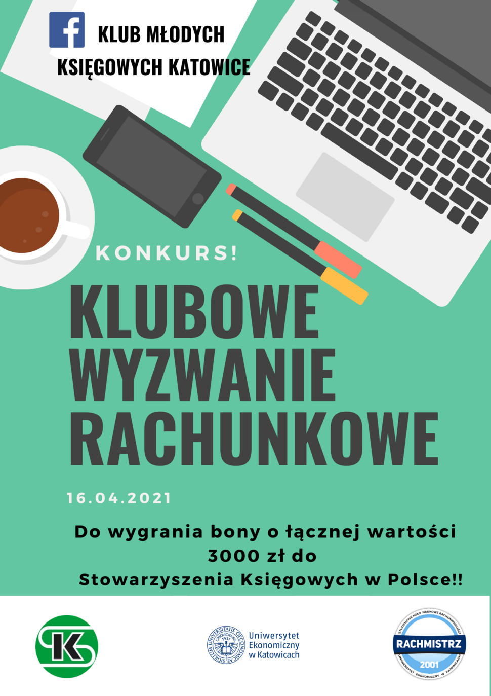 Obrazek przedstawia informacje o konkursie w formie plakatu i ilustracji komputera oraz przyborów szkolnych.