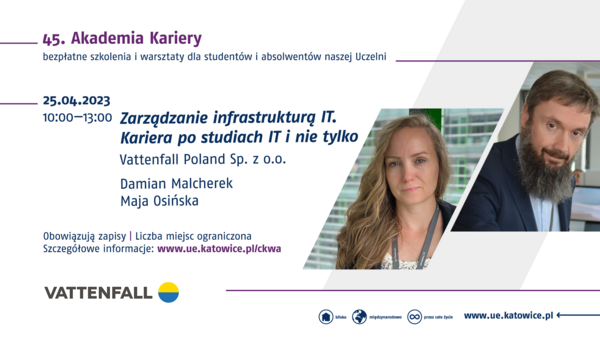 Zdjęcie przedstawia prowadzących oraz tematykę szkolenie organizowanego w ramach 45. Akademii Kariery