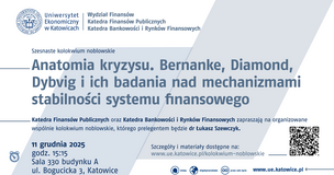 „Plakat zapowiadający szesnaste kolokwium noblowskie na Uniwersytecie Ekonomicznym w Katowicach. Tytuł wydarzenia brzmi: ‘Anatomia kryzysu. Bernanke, Diamond, Dybvig i ich badania nad mechanizmami stabilności systemu finansowego’. Organizatorami są Katedra Finansów Publicznych oraz Katedra Bankowości i Rynków Finansowych. Podano datę i miejsce spotkania: 11 grudnia 2025, godz. 15:15, sala 330 budynku A, ul. Bogucicka 3 w Katowicach. Na plakacie widnieje również informacja o prelegencie, którym jest dr Łukasz Szewczyk, adres strony z materiałami oraz kod QR prowadzący do szczegółów wydarzenia.