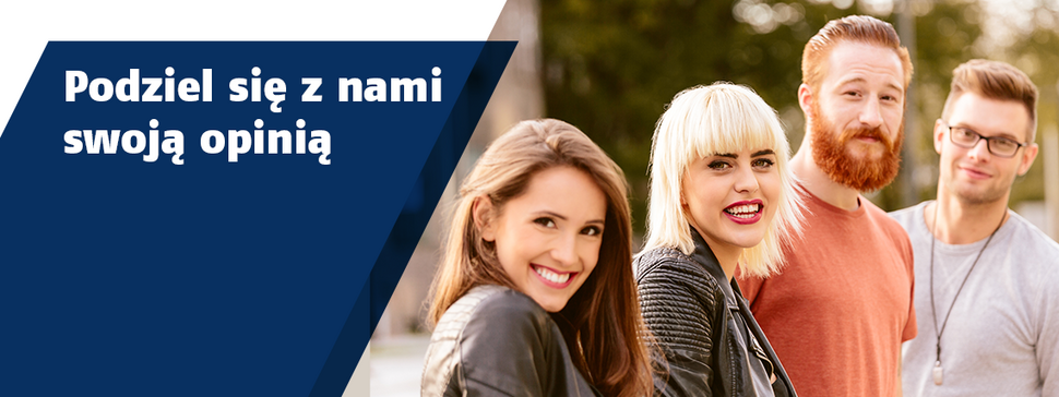 grupa studentów i napis "Podziel się z nami swoją opinią"