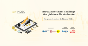 napis "Index Investment Challenge" na żółtym tle, logo GPW, Orlen, INDEX