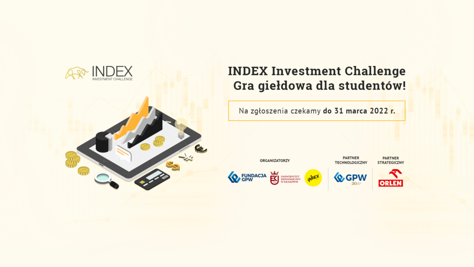 napis "Index Investment Challenge" na żółtym tle, logo GPW, Orlen, INDEX