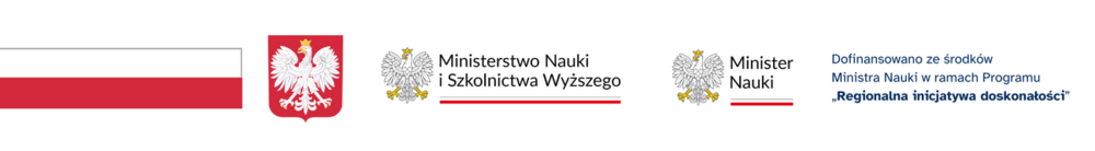 Baner z logotypami instytucji państwowych: po lewej biało-czerwona flaga Polski i herb z białym orłem; pośrodku logo Ministerstwo Nauki i Szkolnictwa Wyższego; obok logo Minister Nauki; po prawej napis: „Dofinansowano ze środków Ministra Nauki w ramach Programu ‘Regionalna inicjatywa doskonałości’”.