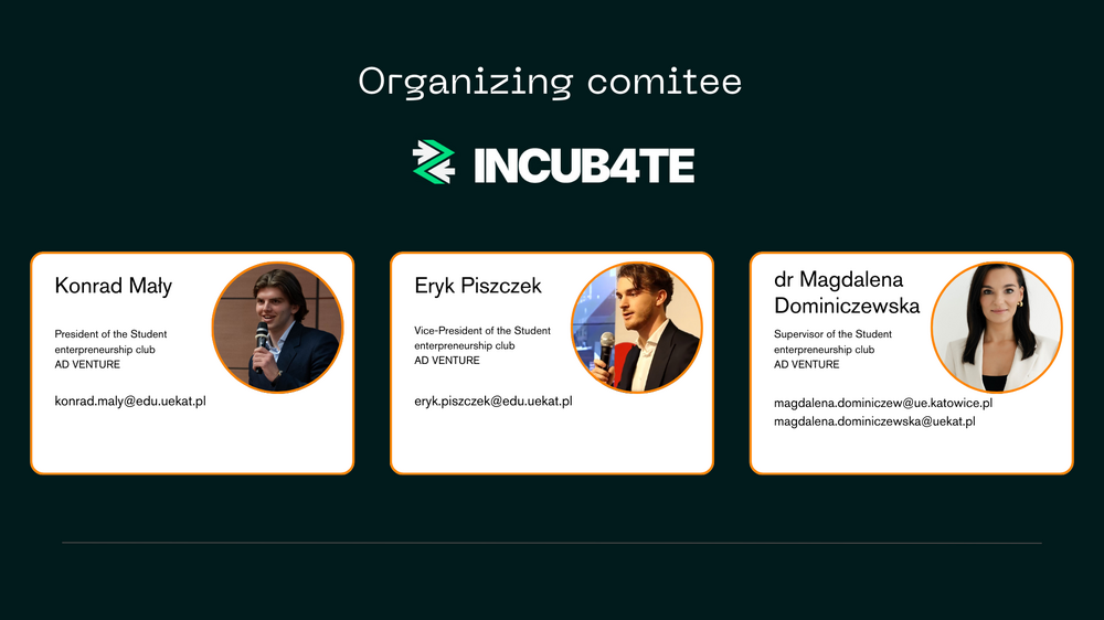 Organizing committee section of the INCUB4TE programme. The graphic presents three members with portraits and contact details: Konrad Mały, President of the Student Entrepreneurship Club AD VENTURE; Eryk Piszczek, Vice-President of the Student Entrepreneurship Club AD VENTURE; and Dr. Magdalena Dominiczweska, Supervisor of the Student Entrepreneurship Club AD VENTURE. The INCUB4TE logo is displayed above.