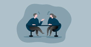 Grafika przedstawia dwie rozmawiające ze sobą postacie.