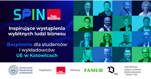Portrety prelegentów, logotyp uniwersytetu ekonomicznego, organizatora - pulsu biznesu, oraz partnerów famur i TDJ