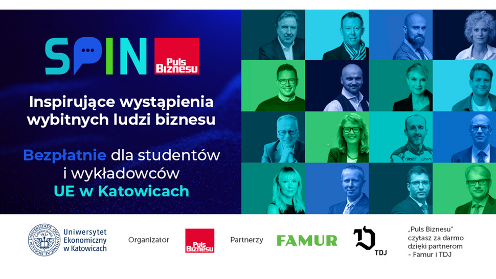 Portrety prelegentów, logotyp uniwersytetu ekonomicznego, organizatora - pulsu biznesu, oraz partnerów famur i TDJ