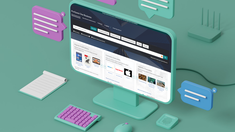 grafika ozdobna; monitor wyświetlający stronę ProQuest One Business internetową