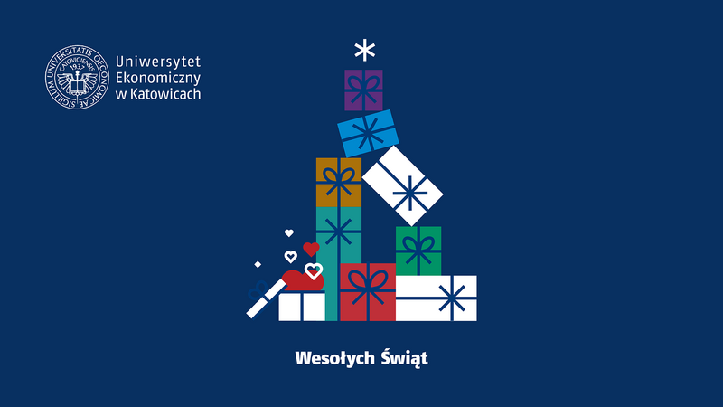 Grafika świąteczna Uniwersytetu Ekonomicznego w Katowicach. Na granatowym tle z lewej strony widoczne jest logo uczelni i jej nazwa. Pośrodku znajduje się stylizowana choinka zbudowana z kolorowych prezentów w różnych odcieniach niebieskiego, zielonego, czerwonego i pomarańczowego. U podstawy choinki znajdują się serduszka i symbole świąteczne. Na dole widnieje napis „Wesołych Świąt”.