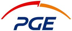 Logo Polskiej Grupy Energetycznej PGE z granatowym napisem oraz czerwono-pomarańczowym łukiem