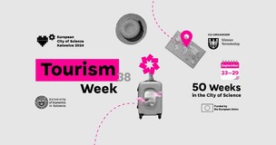  Promotional poster for Tourism Week with travel icons and a pink location marker, part of the 50 Weeks of Science initiative.