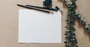 kartka papieru, nad nią pióro, w prawym górnym rogu zielone gałązki