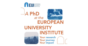 Grafika promująca studia doktoranckie w European University Institute. Zawiera logo EUI oraz hasło: ‘A PhD at the European University Institute’. Po prawej stronie znajduje się zdjęcie dwóch osób pracujących nad książkami w bibliotece. Na dole widoczne jest zdjęcie panoramy Florencji z kopułą katedry. Pod tekstem umieszczono slogany: ‘Your research, Your journey, Your impact’.