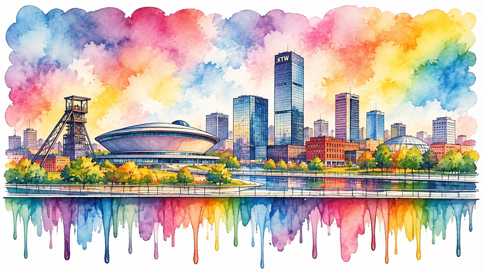 Akwarelowa panorama Katowic z industrialnym sercem