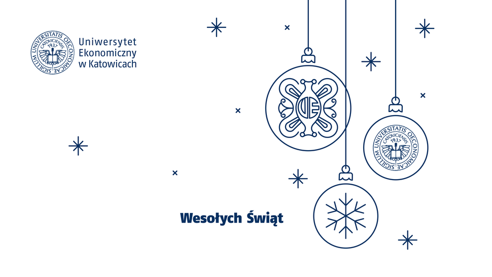 Świąteczna grafika Uniwersytetu Ekonomicznego w Katowicach. Na białym tle granatowe, wiszące bombki z motywami świątecznymi i akademickimi, w tym logo uczelni oraz płatek śniegu. Po lewej stronie logo i nazwa Uniwersytetu Ekonomicznego w Katowicach. Na dole napis: »Wesołych Świąt«.