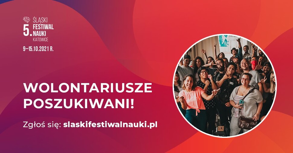 Obrazek przedstawia plakat dotyczący poszukiwania wolontariuszy na 5. ŚFN