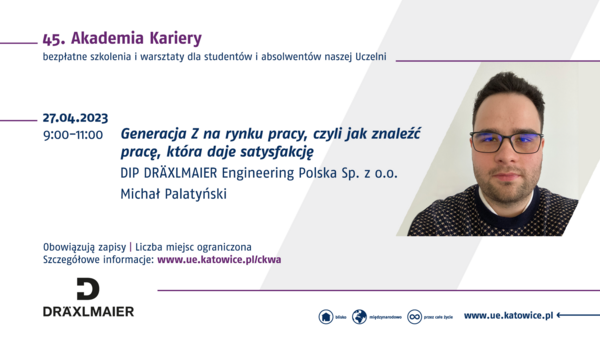 Zdjęcie przedstawia prowadzących oraz tematykę szkolenie organizowanego w ramach 45. Akademii Kariery