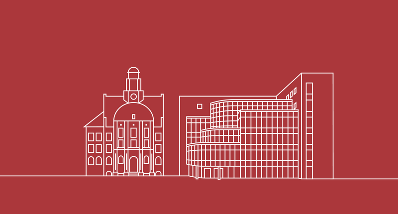 Ilustracja przedstawia konturowy rysunek dwóch charakterystycznych budynków Uniwersytetu Ekonomicznego w Katowicach: po lewej stronie historyczny gmach Rektoratu z kopułą i kolumnowym wejściem, a po prawej nowoczesny budynek Centrum Nowoczesnych Technologii Informatycznych (CNTI) o przeszklonej, zaokrąglonej fasadzie. Całość na czerwonym tle, wykonana białą kreską w minimalistycznym stylu.