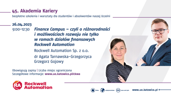 Zdjęcie przedstawia prowadzących oraz tematykę szkolenie organizowanego w ramach 45. Akademii Kariery