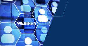 Niebieska grafika przedstawiająca symboliczne sylwetki uczestników rozmieszczone w sześciokątnych polach, z centralnie umieszczonym napisem ‘WEBINAR’. Po prawej stronie znajduje się jednolite, ciemnoniebieskie tło.