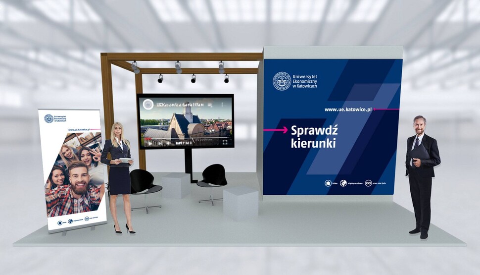 Obrazek przedstawia wizualizację stoiska online na Śląskim Salonie Maturzystów 2020 r.