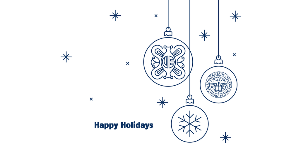 A festive graphic of the University of Economics in Katowice. On a white background, navy-blue hanging baubles with Christmas and academic motifs, including the University’s logo and a snowflake. On the left side, the logo and the name of the University of Economics in Katowice. At the bottom, the inscription: Happy Holidays