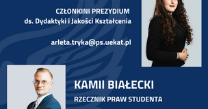 grafika przedstawiająca chłopaka i dziewczynę oraz treść "Poradnia Sesyjna, Rzecznika Praw Studenta: kamil.bialecki@ps.uekat.pl,