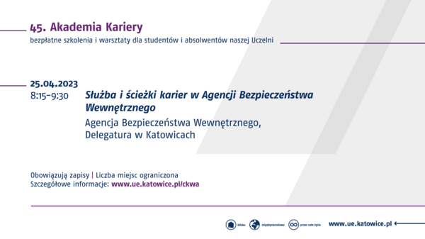 Zdjęcie przedstawia prowadzących oraz tematykę szkolenie organizowanego w ramach 45. Akademii Kariery