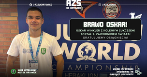 Martial arts competitor Oskar Winkler standing in front of the Jiu-Jitsu World Championship backdrop.