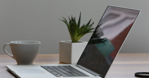 Na biurku leży laptop, kubek i doniczka z kwiatkiem