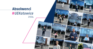 Grafika promująca absolwentów Uniwersytetu Ekonomicznego w Katowicach z hasłem „Absolwenci #UEKatowice 2024”. Po lewej stronie na białym tle znajduje się tekst, a po prawej – mozaika zdjęć absolwentów pozujących przed charakterystycznym, przeszklonym budynkiem uczelni. Na zdjęciach widoczne są osoby trzymające dyplomy, ubrane elegancko, często uśmiechnięte i celebrujące ukończenie studiów. Całość utrzymana jest w kolorystyce granatowo-różowej, spójnej z identyfikacją wizualną uczelni.