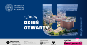 Grafika promująca Dzień Otwarty Uniwersytetu Ekonomicznego w Katowicach, który odbył się 15 października 2024 roku. Po lewej stronie, na granatowym tle, znajduje się logo uczelni oraz biały napis z datą i nazwą wydarzenia. Po prawej stronie duży skrót „UE” wypełniony zdjęciem kampusu uczelni z lotu ptaka. Na dole widoczne są logotypy Europejskiego Miasta Nauki Katowice 2024, Unii Europejskiej, Województwa Śląskiego oraz miasta Katowice. Po prawej stronie dolnego paska zamieszczono informację o „Tygodniu Kreatywności” odbywającym się w dniach 14–20 października.
