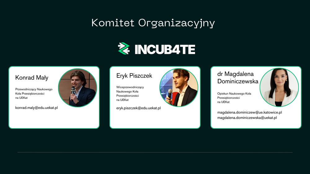 Grafika z nagłówkiem „Komitet Organizacyjny” oraz logo INCUB4TE umieszczonym centralnie pod tytułem. Na ciemnym tle przedstawiono trzy karty z danymi członków komitetu. Pierwsza karta prezentuje Konrada Małego – Przewodniczącego Naukowego Koła Przedsiębiorczości na UEKat, wraz ze zdjęciem i adresem e-mail. Druga karta dotyczy Eryka Piszczka – Wiceprzewodniczącego Naukowego Koła Przedsiębiorczości na UEKat, również ze zdjęciem i danymi kontaktowymi. Trzecia karta przedstawia dr Magdalenę Dominiczevską – Opiekuna Naukowego Koła Przedsiębiorczości na UEKat, wraz ze zdjęciem portretowym i adresami e-mail. Układ jest spójny, nowoczesny i utrzymany w kolorystyce zielono-ciemnej.