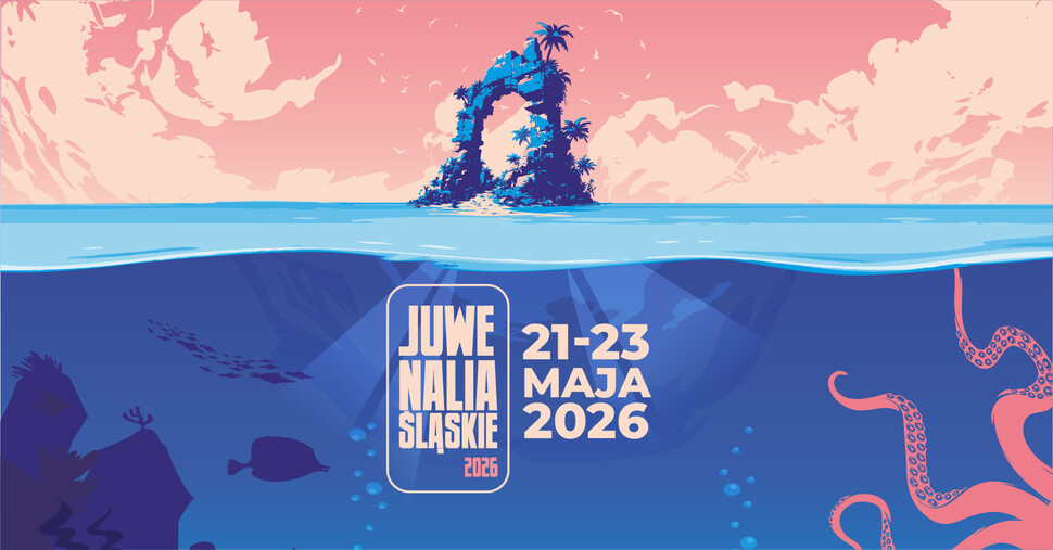 Plakat wydarzenia „Juwenalia Śląskie 2026”. Nad linią wody widać małą tropikalną wyspę z ruiną w kształcie litery „J” i palmami na tle różowego nieba. Pod powierzchnią morza przedstawiono podwodny świat z rybami i mackami ośmiornicy. Na środku grafiki znajduje się napis: „JUWENALIA ŚLĄSKIE 2026” oraz data „21–23 maja 2026”.