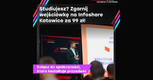 Grafika promująca wydarzenie Infoshare Katowice 2025. Na górze znajduje się napis: „Studiujesz? Zgarnij wejściówkę na Infoshare Katowice za 99 zł!”. W tle widać prelegenta stojącego na scenie z ekranem prezentacyjnym i logotypami „Infoshare Katowice” oraz „Scena Growth”. Na dole widnieje fioletowy pasek z hasłem: „Dołącz do społeczności, która kształtuje przyszłość”. W prawym górnym rogu podane są daty wydarzenia: „24–25 listopada”.