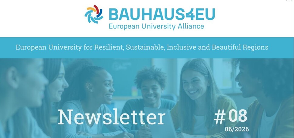 BAUHAUS4EU Newsletter #08 (2026) cover with students collaborating and alliance branding.