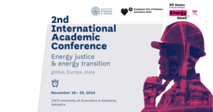 Poster image of a speaker with red overlay, advertising a conference on energy justice and global transitions.