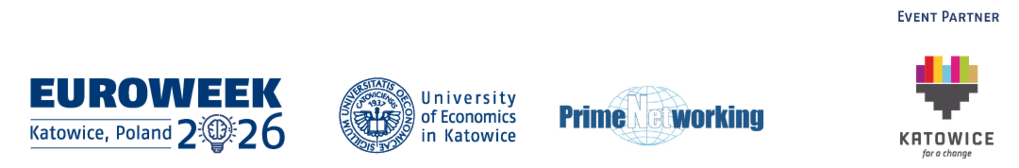 Baner EUROWEEK 2026 z logotypami Uniwersytetu Ekonomicznego w Katowicach, Prime Networking oraz partnera wydarzenia – Katowice