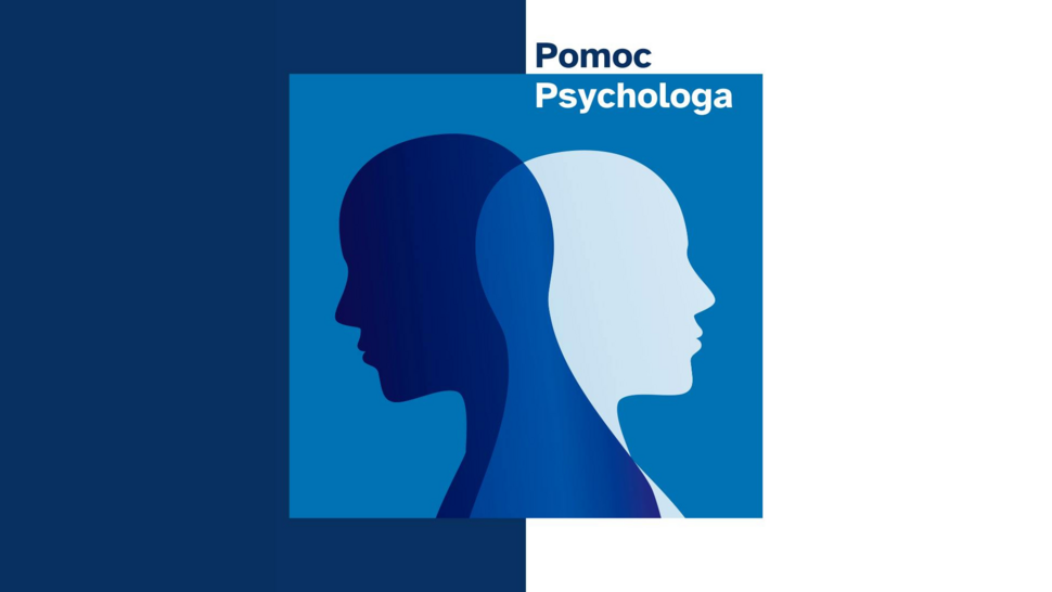 Ilustracja promująca pomoc psychologiczną, przedstawiająca dwa nakładające się profile ludzkich twarzy – jeden ciemnoniebieski, zwrócony w lewo, drugi jasnoniebieski, zwrócony w prawo. Tło stanowi kwadratowy, niebieski obszar umieszczony na dwukolorowym tle (ciemnoniebieskim i białym). W prawym górnym rogu grafiki widnieje napis „Pomoc Psychologa”. Grafika symbolizuje wsparcie psychiczne, rozmowę i introspekcję.