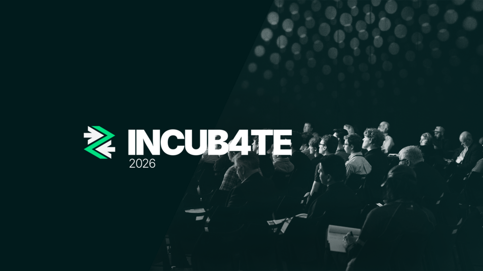 Promotional graphic for the INCUB4TE 2026 event. The event logo and name appear on the left, while the right side shows a black-and-white photo of an audience seated at a conference.