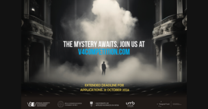 Poster with dark, dramatic lighting and the phrase “The mystery awaits…,” promoting a student business challenge.