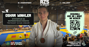 Oskar Winkler in martial arts uniform with medals, posing in front of a sports competition backdrop.