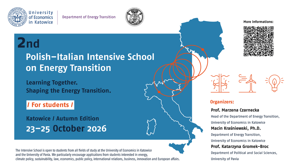 Event poster for the 2nd Polish-Italian Intensive School on Energy Transition, held in Katowice from October 23–25, 2026. The poster features maps of Poland and Italy, icons related to energy, and information about the organizers from the University of Economics in Katowice and the University of Pavia.